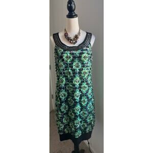 CATO Woman's Green Black Shift Embellished Neckline Sleeveless Fringe Dress XL
